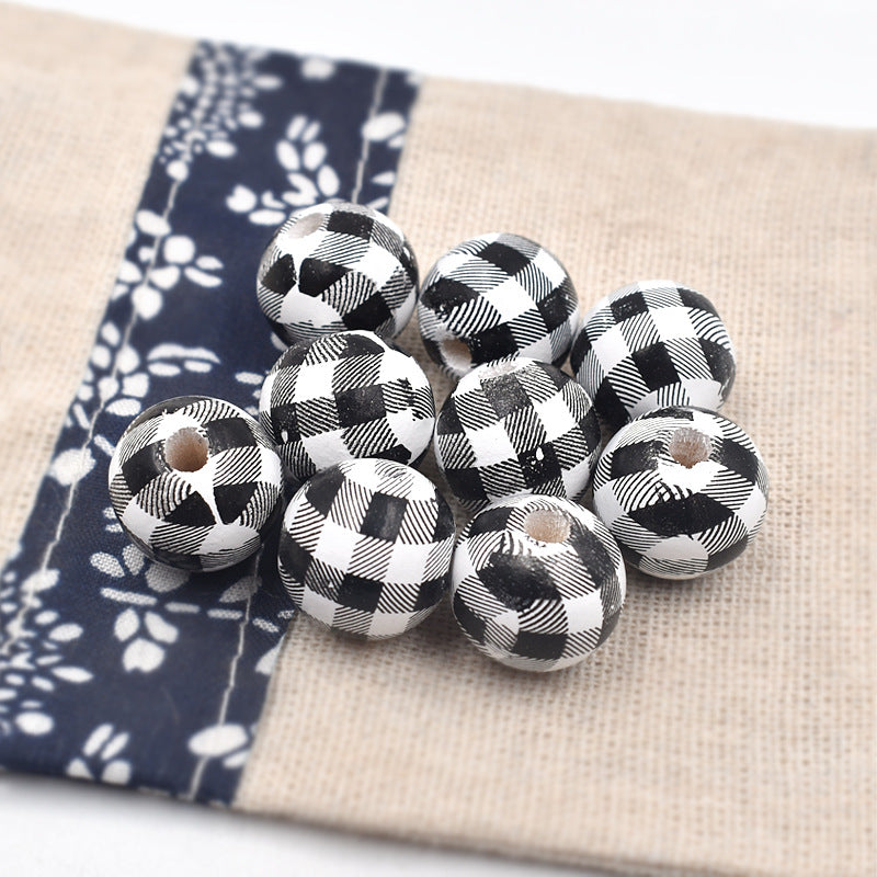 Wholesale 10PCS Houndstooth Wooden Beads DIY Beads Colored Plaid Wooden Beads