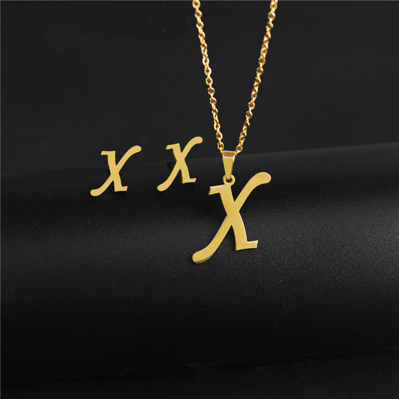Wholesale Stainless Steel 26 Letter Necklace Earrings Two Piece Set