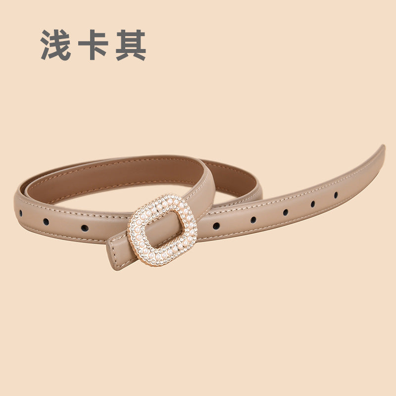 Wholesale Versatile Genuine Leather Belt with Round Buckle Inlaid with Pearls and Rhinestones