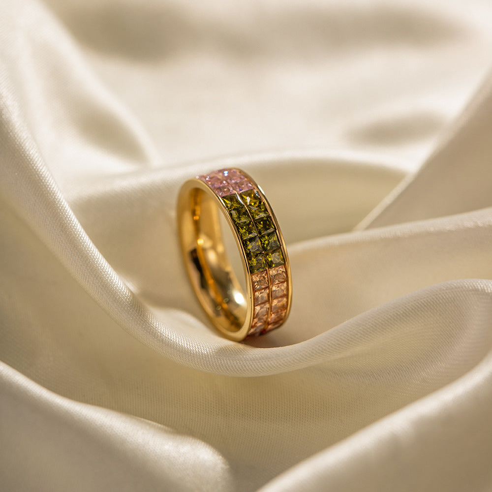Wholesale Stainless Steel Double Layer Colorful Square Inlaid Zirconium Ring