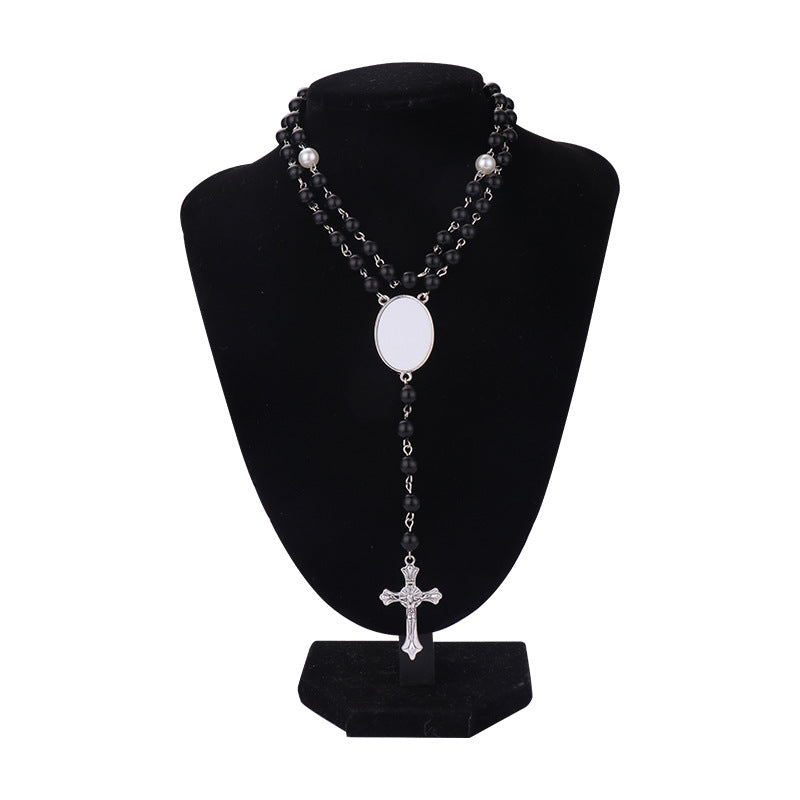 Wholesale Heat transfer rosary beads cross metal necklace