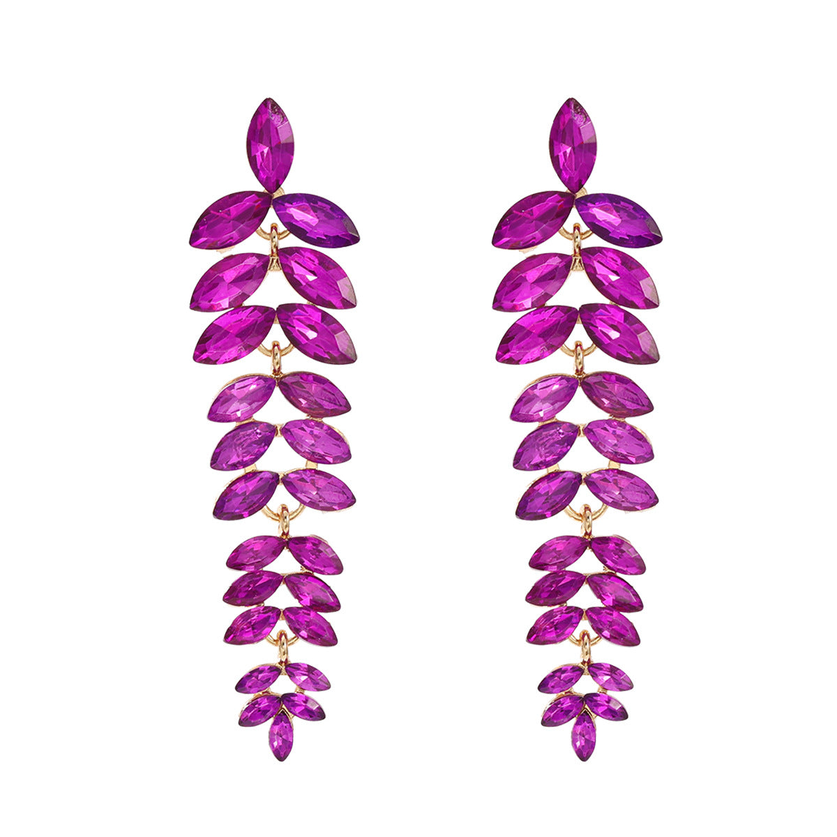 Wholesale Colored Diamond Full Diamond Long Leaf Earrings