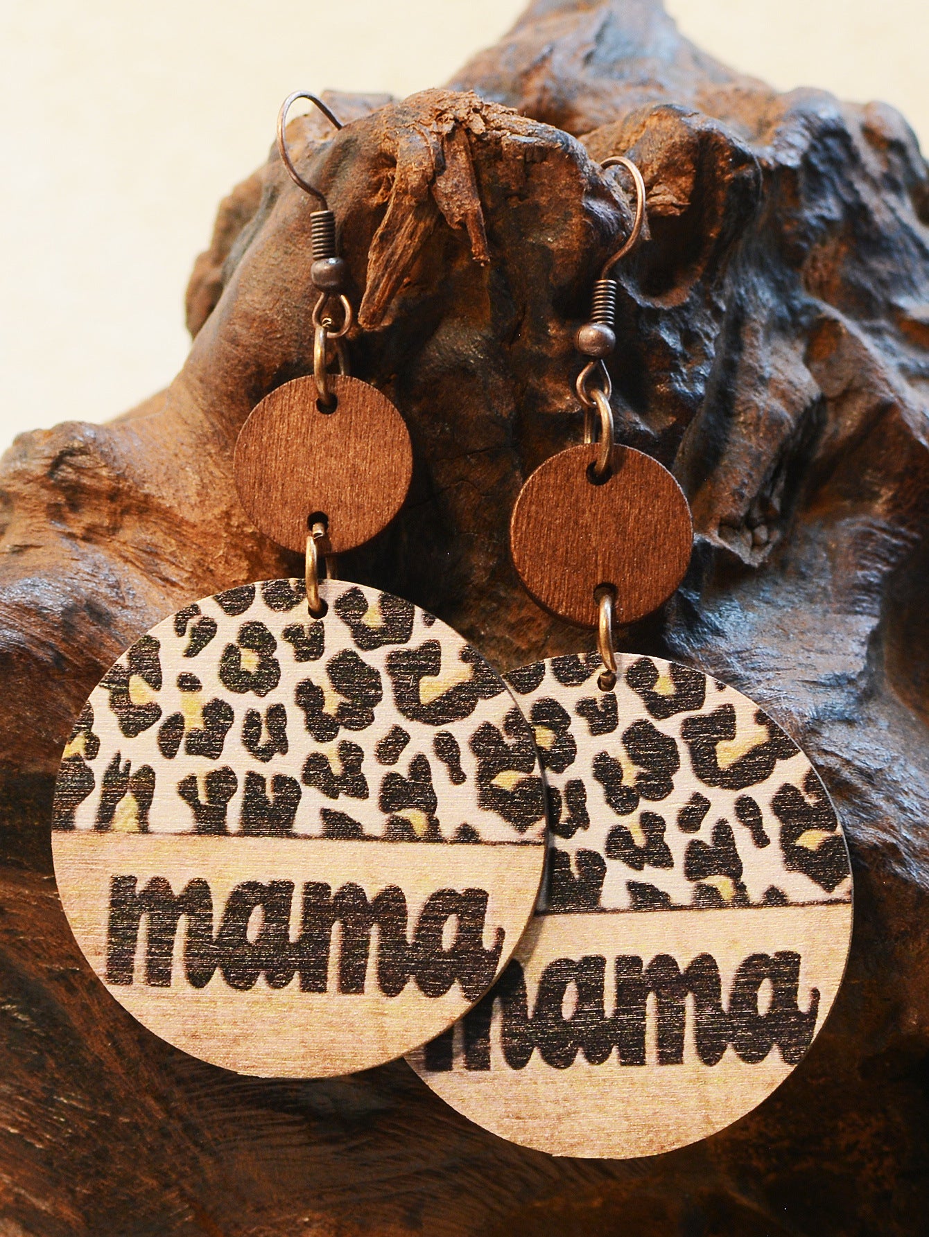 Wholesale Vintage Leopard Print Wood Chip MAMA Round Earrings