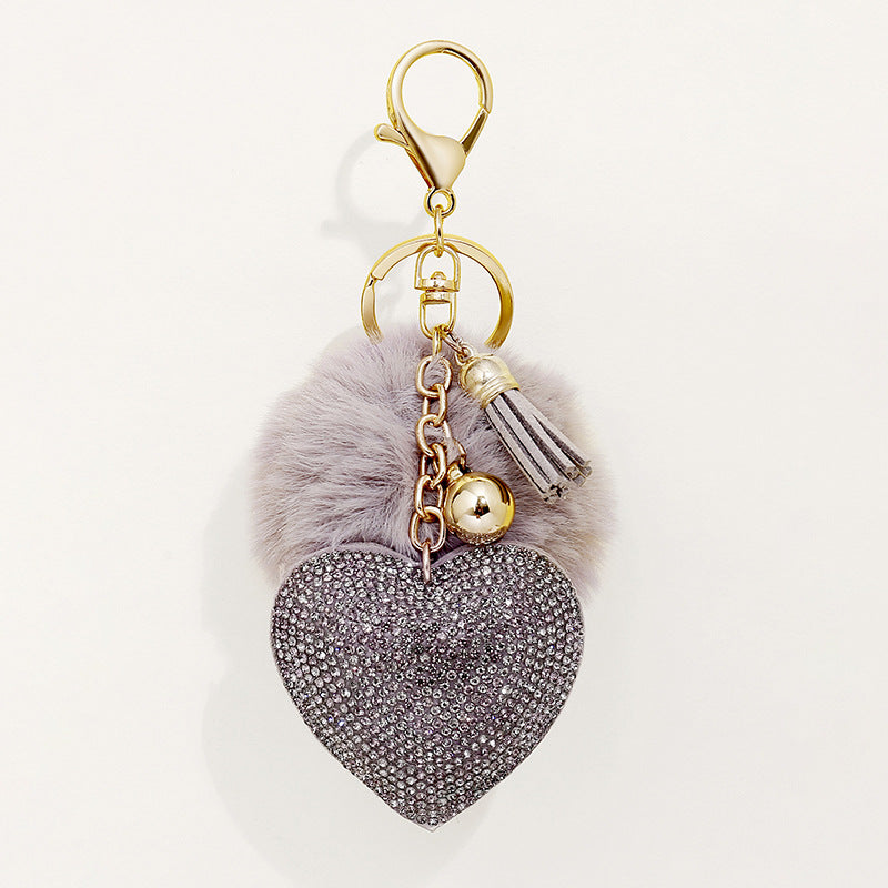 Wholesale of 50pcs Velvet Inlaid Diamond Heart Tassel Zinc Alloy Keychain