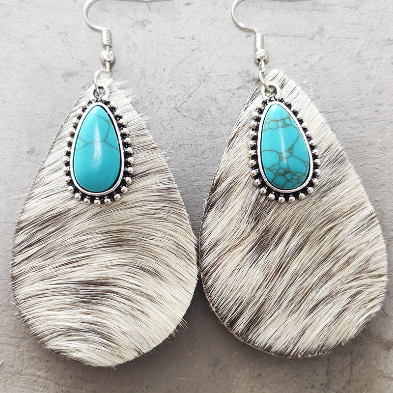 Wholesale Western Animal Pattern Cowhide Turquoise Metal Earrings