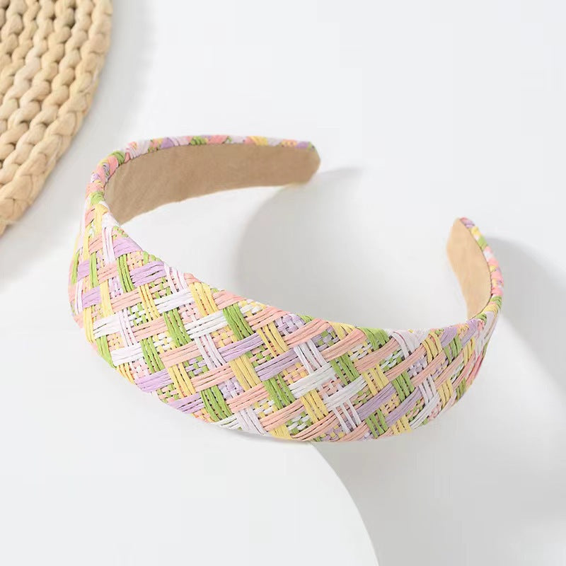 Wholesale Hand-woven raffia rainbow wide brim headband
