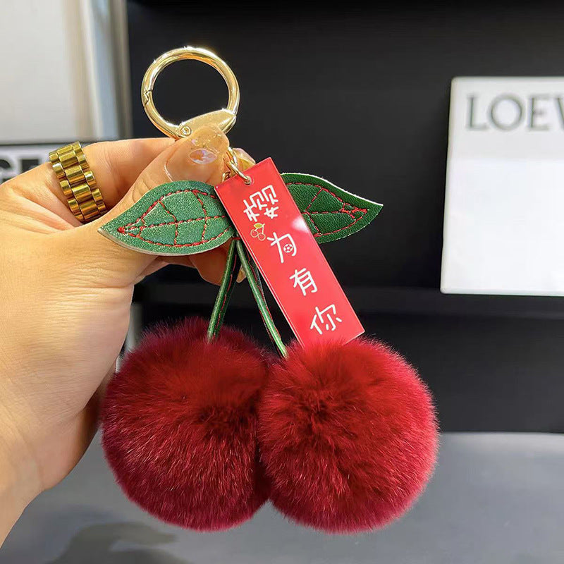 Wholesale Plush Cherry Car Pom Pom  Keychain