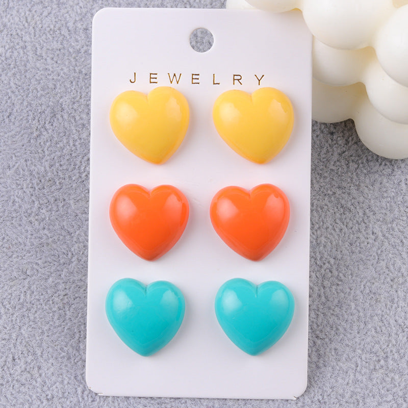 Wholesale Japanese Style Fresh Candy Colored Love Three Piece Set Acrylic Simple and Fashionable Earrings