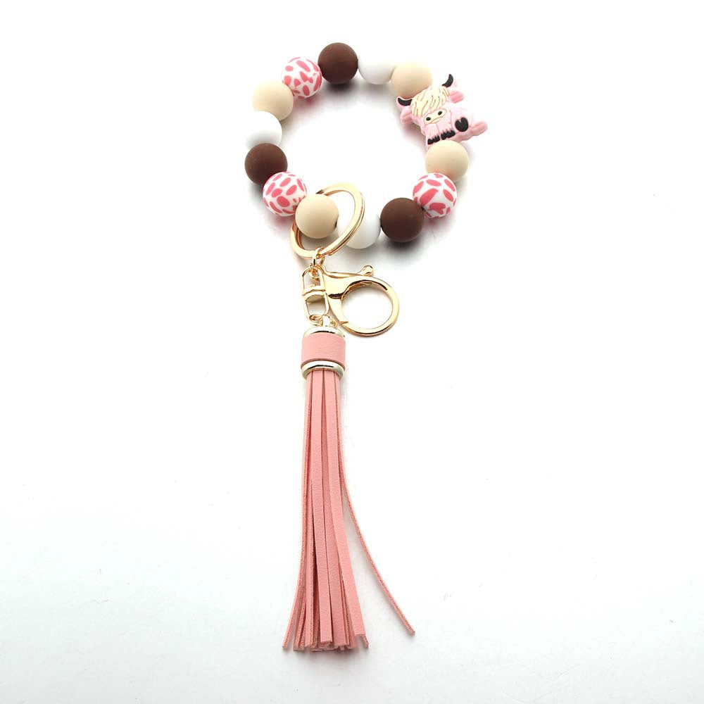 Wholesale Silicone Cartoon Animal Cow Highland Cattle Tassel Wrist Keychain