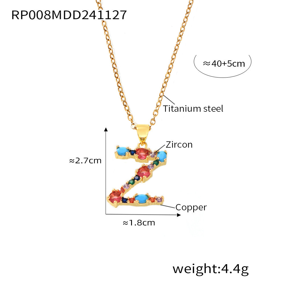 Wholesale Copper micro-inlaid colored zircon 26 English letters individual pendant niche hip-hop clavicle chain