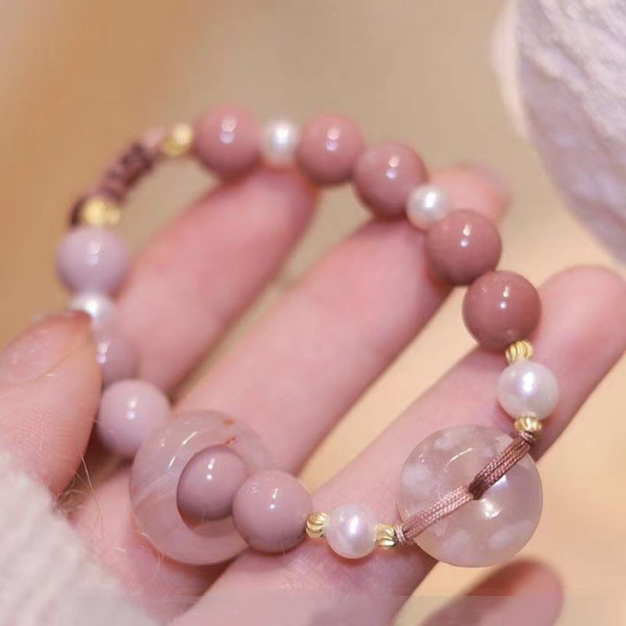 Wholesale Agate Separator Bead Pearl Drawstring Pink Bracelet