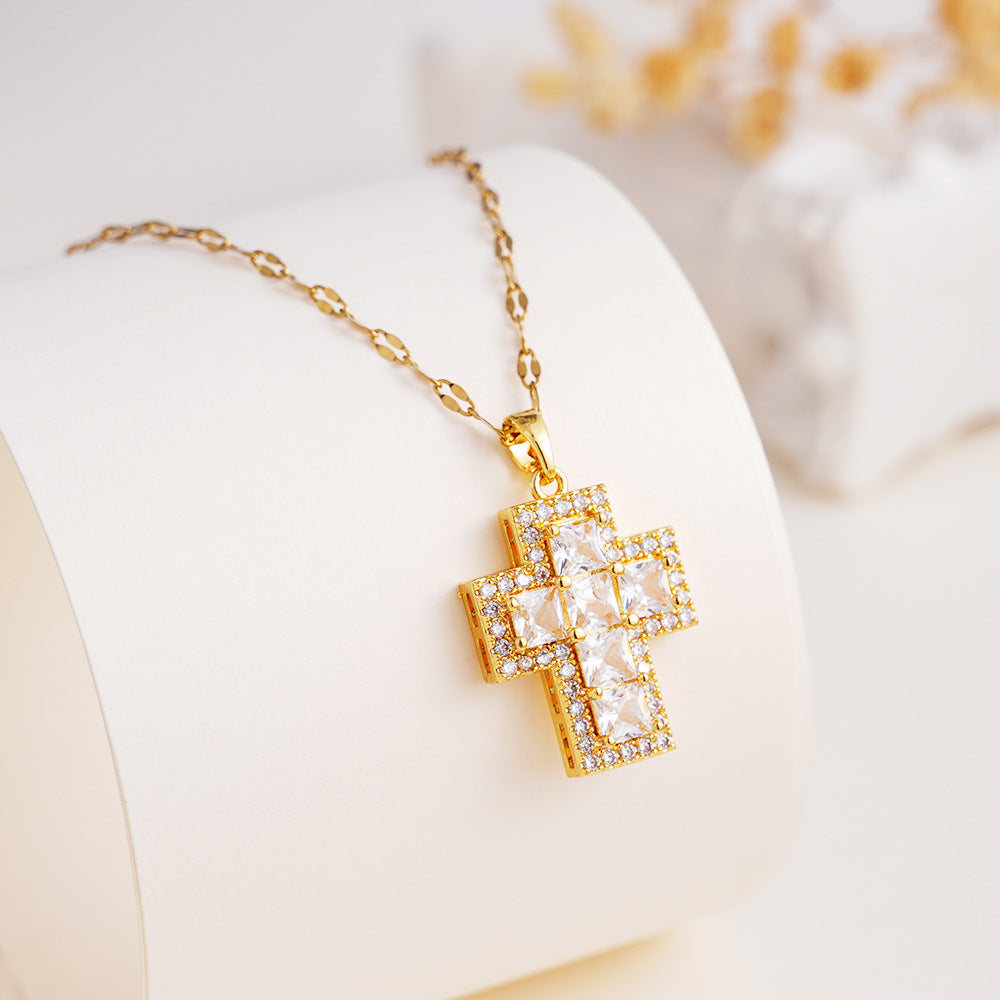 Wholesale copper inlaid colorful zircon cross pendant necklace