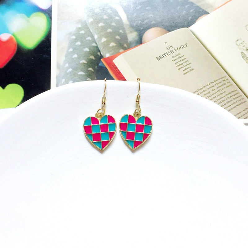 Wholesale Checkered dopamine contrasting heart-shaped earrings