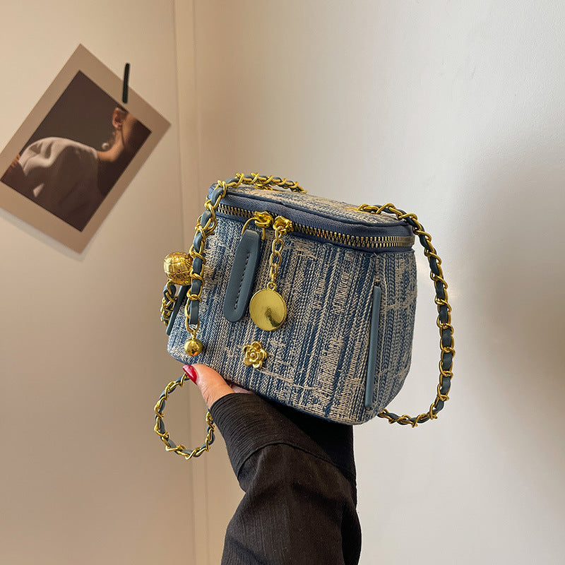 Wholesale Versatile Fashion Denim Striped Blue Crossbody Bucket Bag