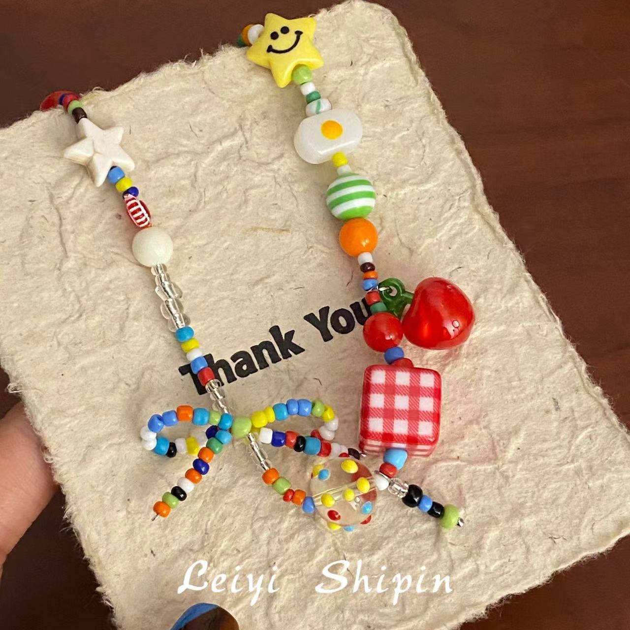 Wholesale Summer Dopamine Colorful Beaded Bow Clavicle Necklace