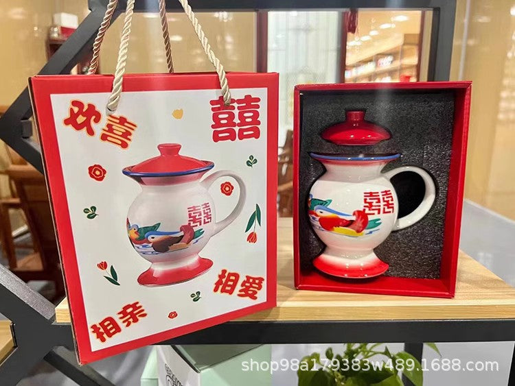 Wholesale Red Double Happiness Ceramic Cup