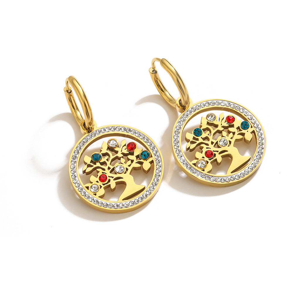 Wholesale Titanium Steel Zircon Rose Heart Pendant Tree of Life Earrings