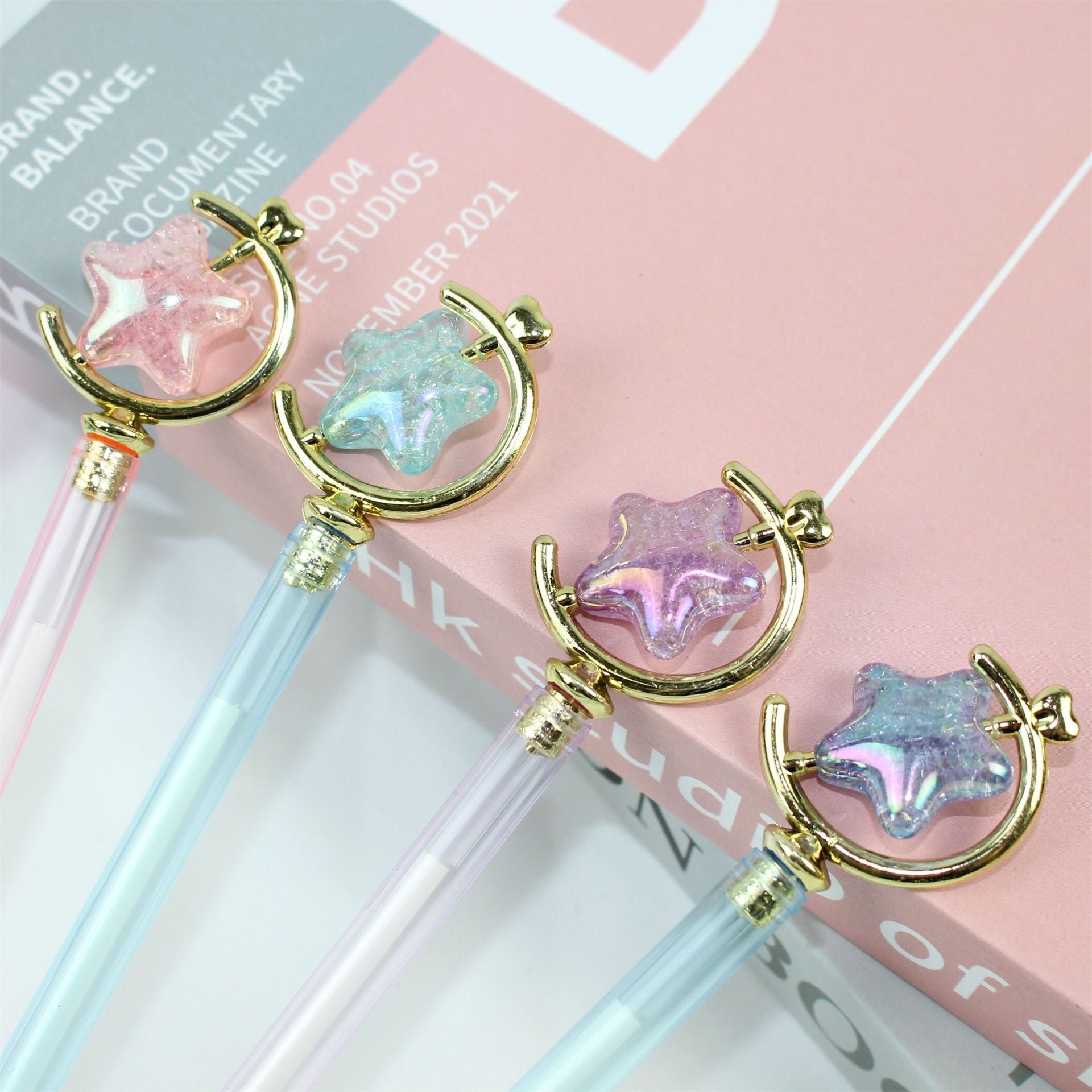 Wholesale 12pcs  Rotatable Beads Star Moon Plastic Gel Pen