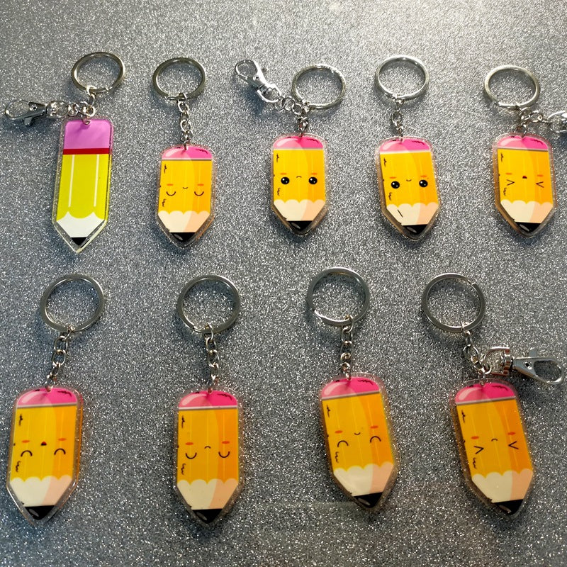 Wholesale Acrylic Teacher's Day Backpacks, Pencils, Smiling Faces, Keychain Pendants