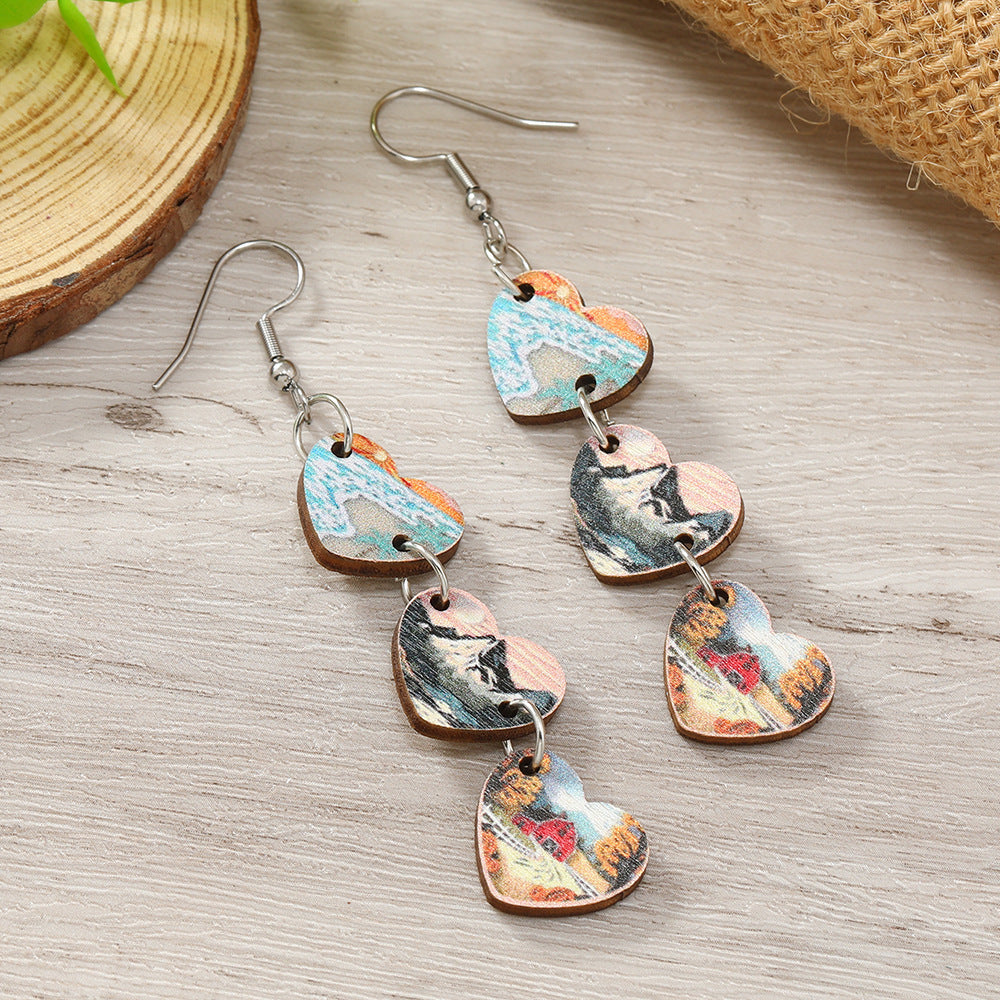 Wholesale of Three Heart-shaped Wooden Earrings for Valentine's Day