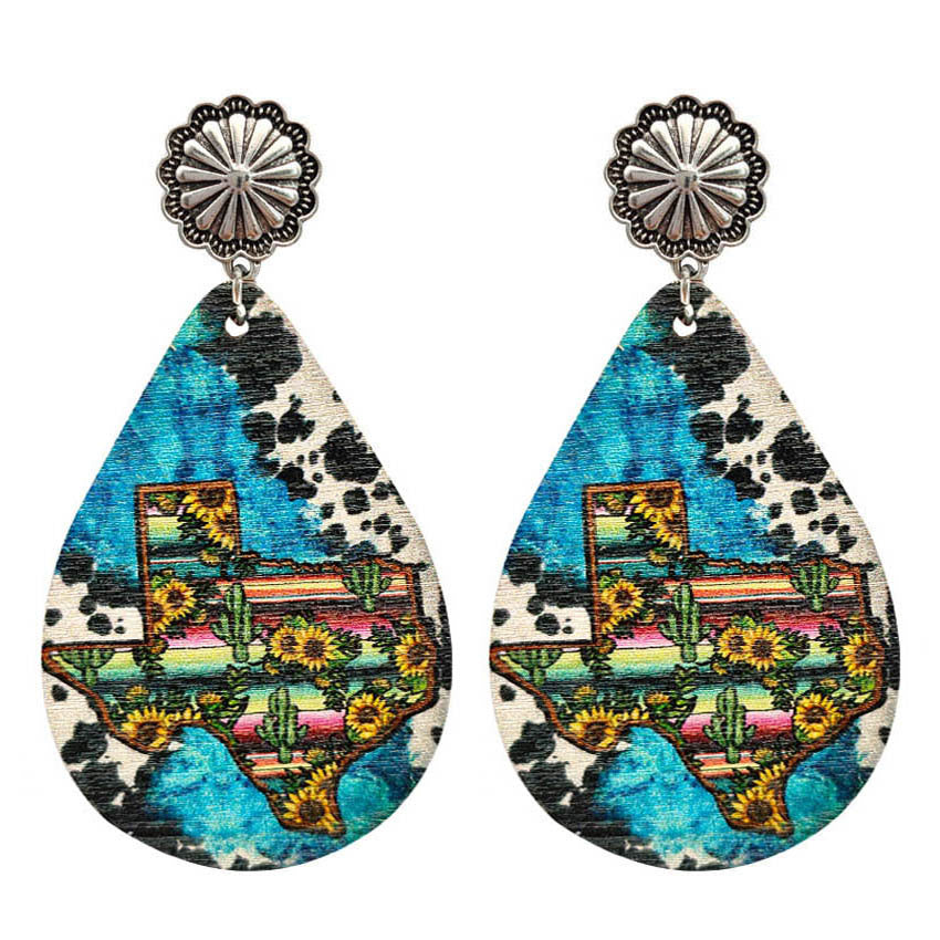 Wholesale Western Style Cow Pattern Sunflower Texas Map Leather Drop Earrings