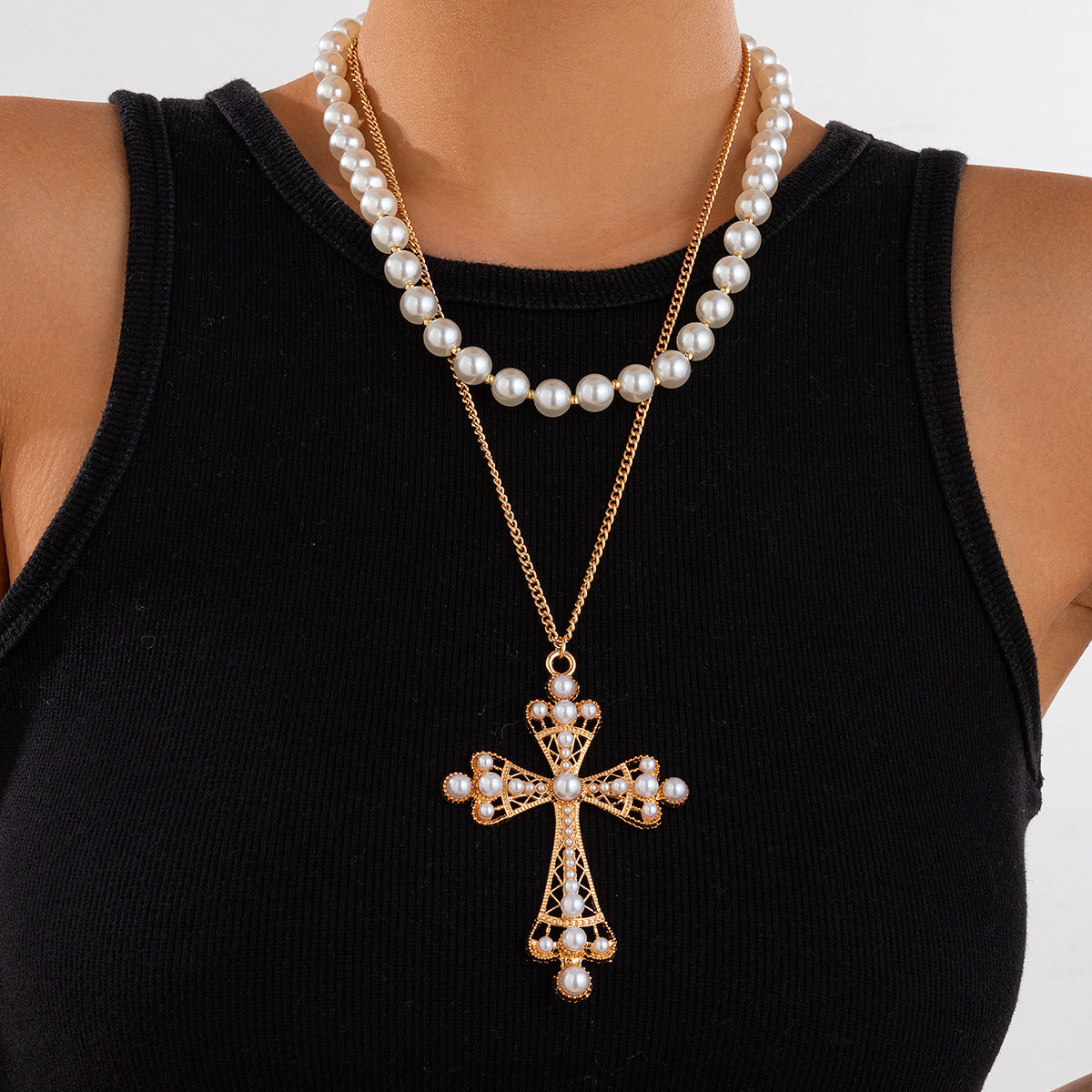 Wholesale Cyberpunk style dark necklace exaggerated micro-inlaid imitation pearl multi-layered necklace