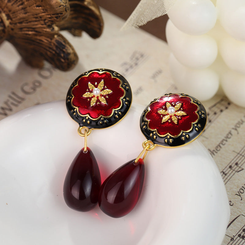 Wholesale French Medieval Style Red Oil Drop Retro Flower Earrings