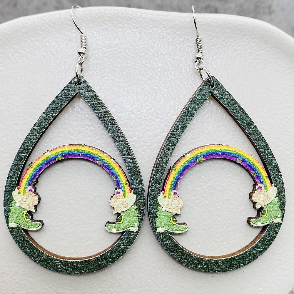 Wholesale St. Puckett Festival  Clover Green Rainbow Dwarfs Wooden Earrings