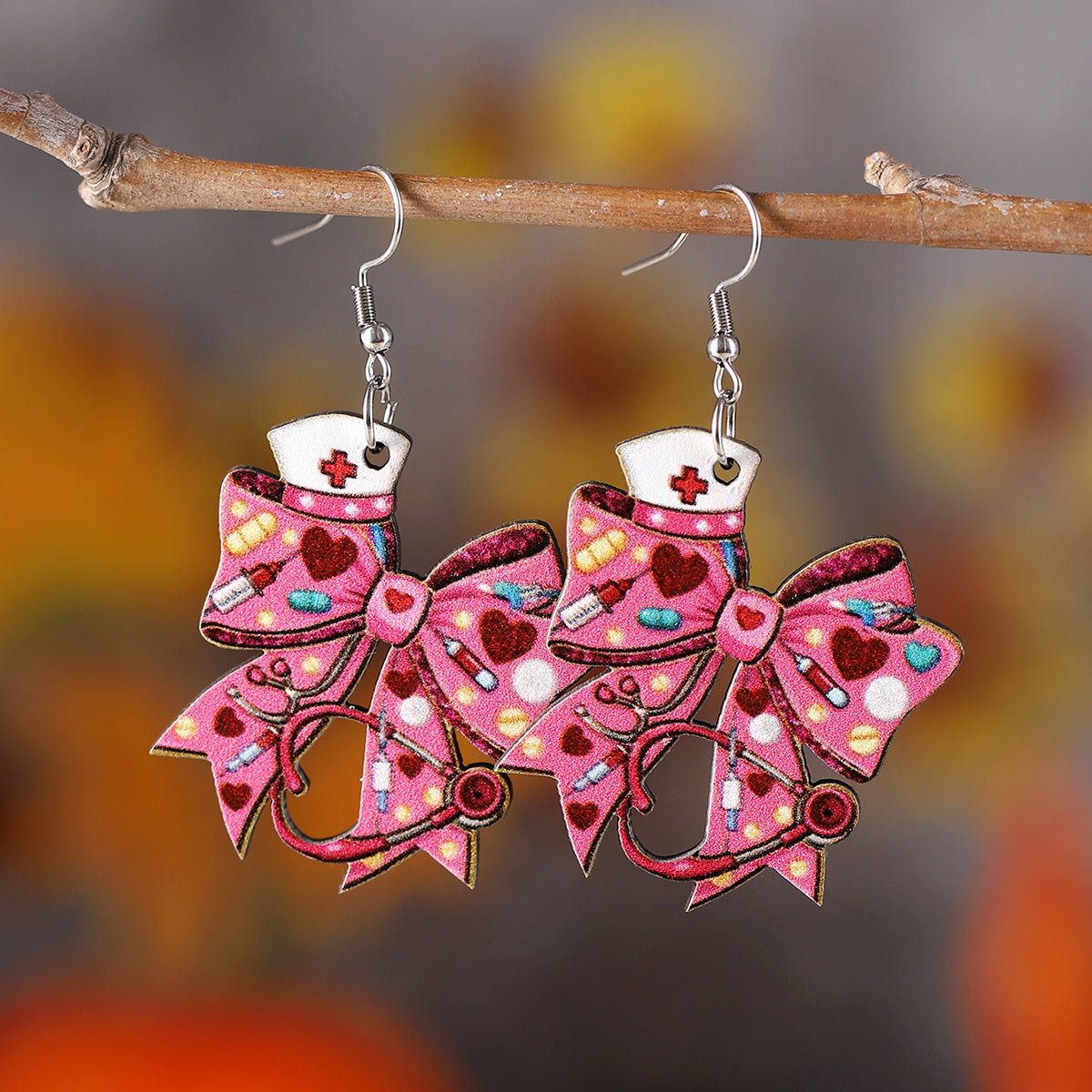 Wholesale Pink Love Nurse Hat Stethoscope Bow Pendant Wooden Earrings
