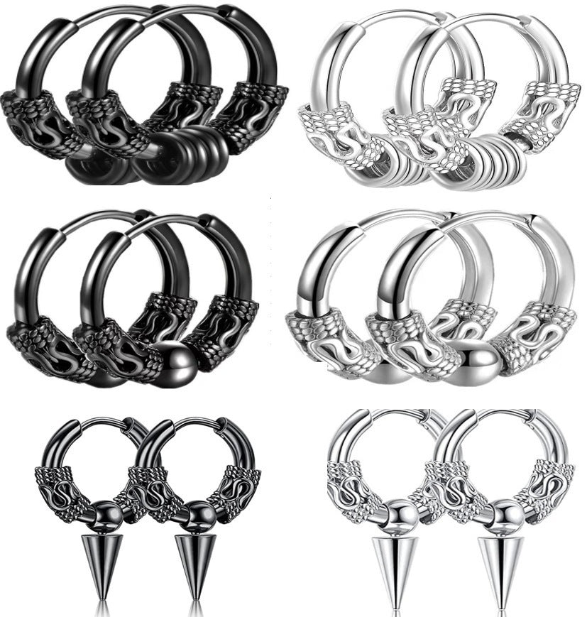 Wholesale Conical Stainless Steel Dragon Pattern Totem Titanium Steel Earrings