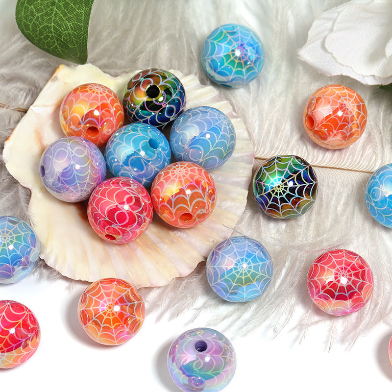 Wholesale 100pcs Handmade Diy Halloween Acrylic UV Plated Spider Web Printed Beads