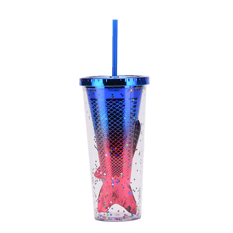 Wholesale Double-layer Plastic Cup Creative Gradient Mermaid Tail Colorful Sequin Straw Water Cup