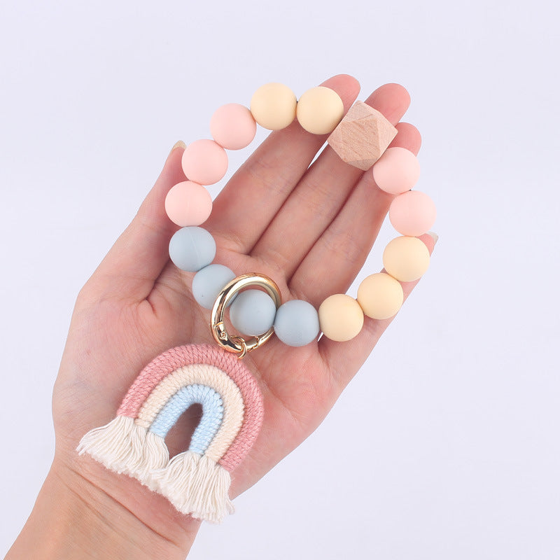Wholesale Cartoon Colorful Rainbow Tassel Silicone Bead Wrist Keychain
