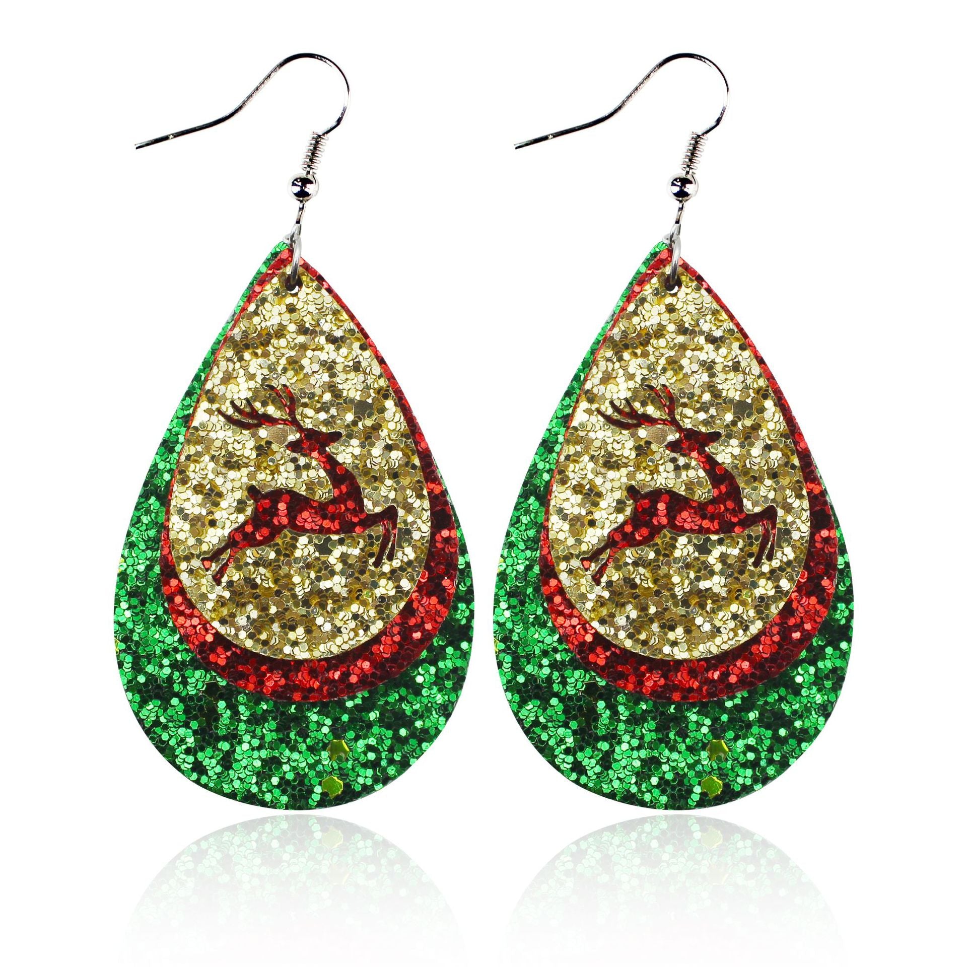 Wholesale Christmas Water Drop Sequins Sparkling Pink Hollow Elk Leather Earrings