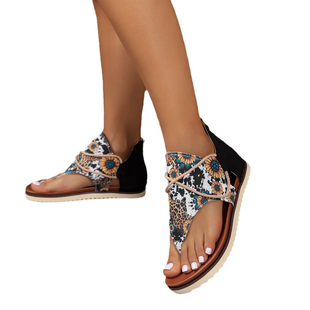 Wholesale Clip Toe Printed Flat Bottomed PU Sandals