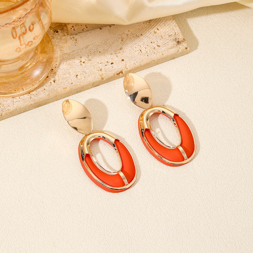 Wholesale Fashion Color Spray Paint Geometric Oval Hollow Double Layer Long Earrings