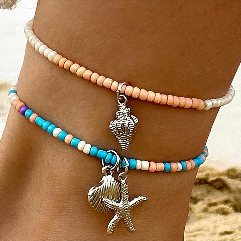 Wholesale Holiday style bohemian beaded stacking anklet starfish turtle shell pendant anklet five-piece set