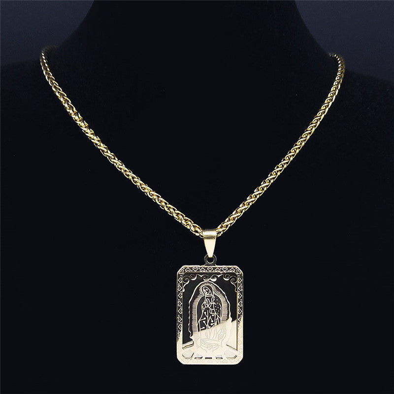 Wholesale Stainless Steel Vintage Square Virgin Mary Prayer Necklace