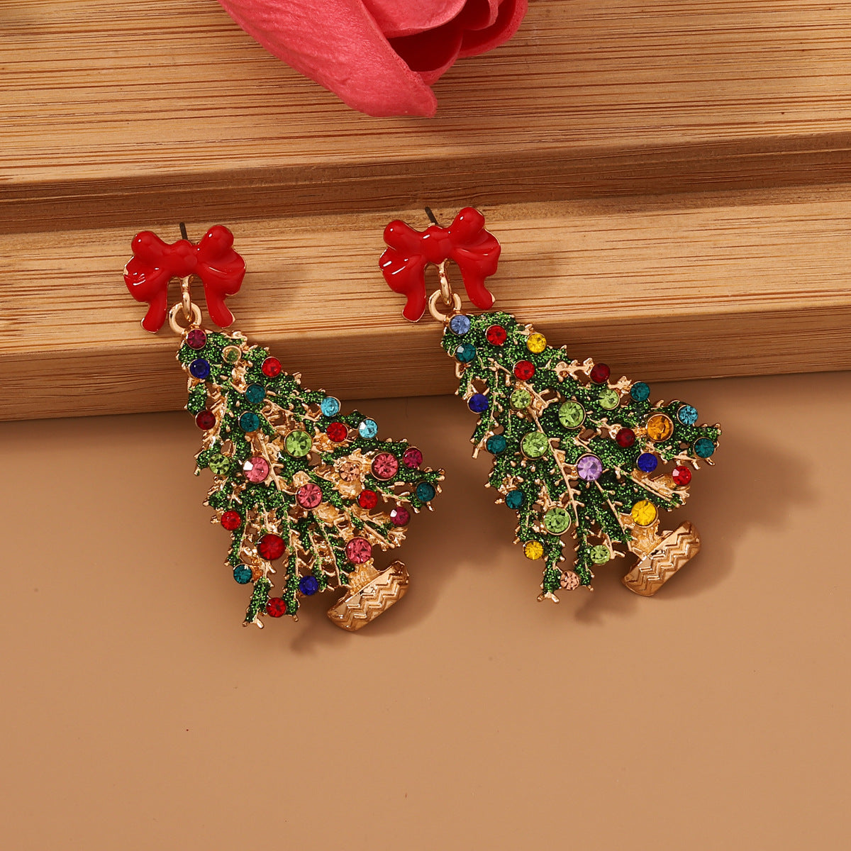 Wholesale Christmas Colored Christmas Tree Alloy Drip Oil Set Colorful Diamond Earrings