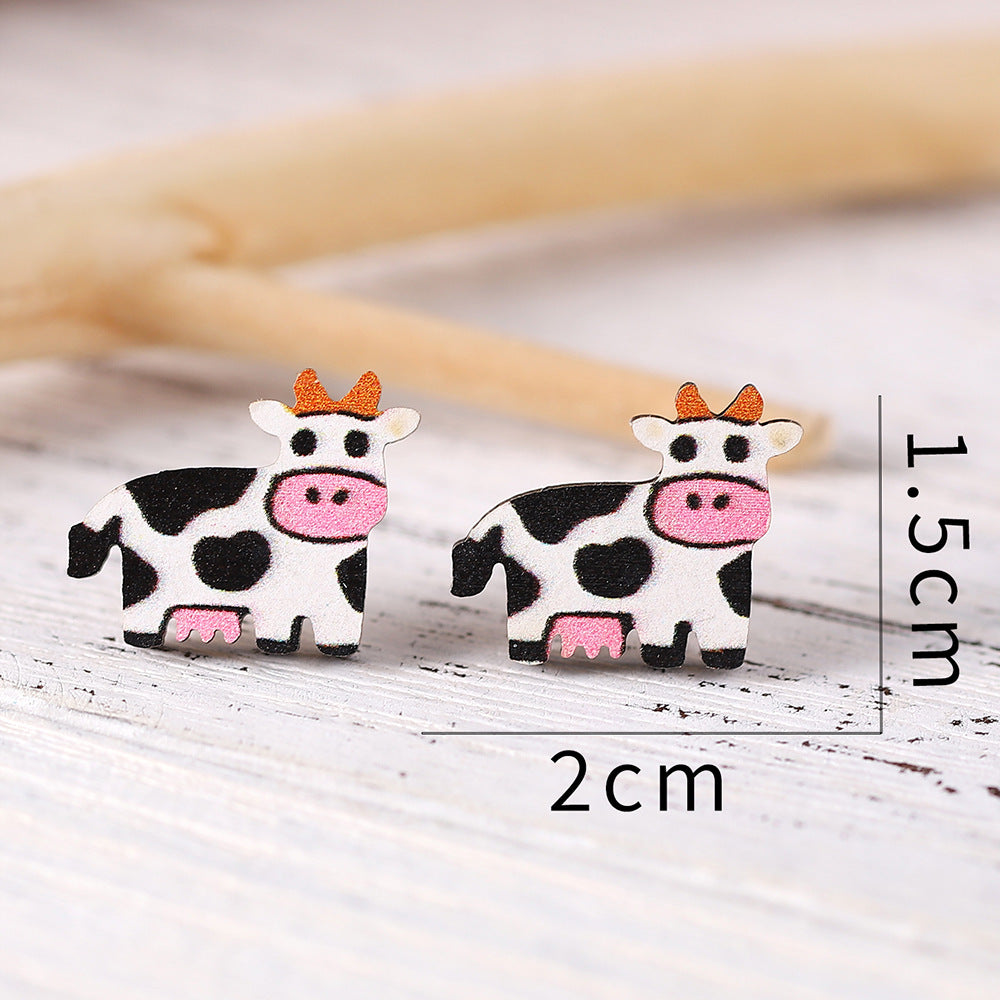 Wholesale  New Ethnic Western Denim Jewelry Dairy Pattern Love Cow Earrings Cute Wooden Earrings