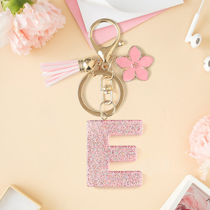 Wholesale Pink 26 letter Sparkling Pink Flower Tassel Keychain