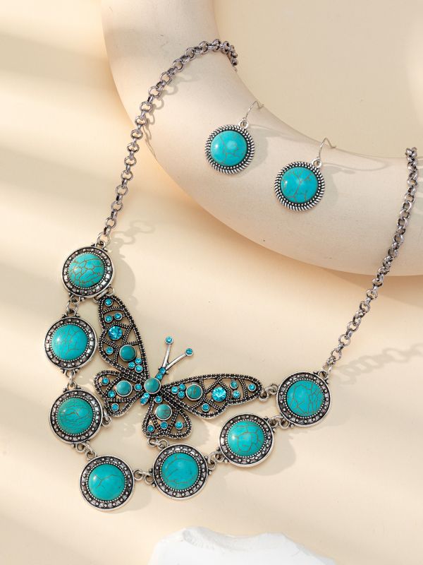 Wholesale Bohemian Vintage Turquoise Butterfly Necklace Earring Set