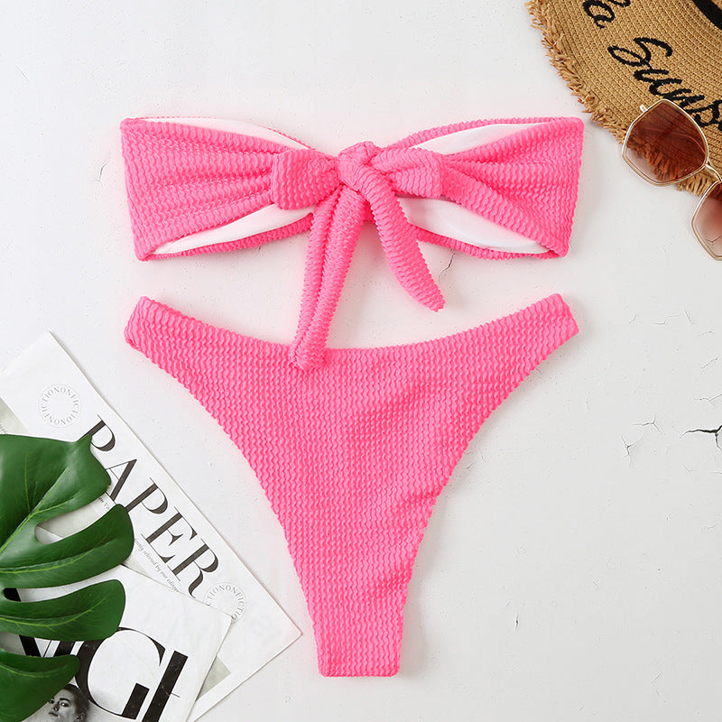 Wholesale Solid Color Bandeau Wavy Fabric Swimwear