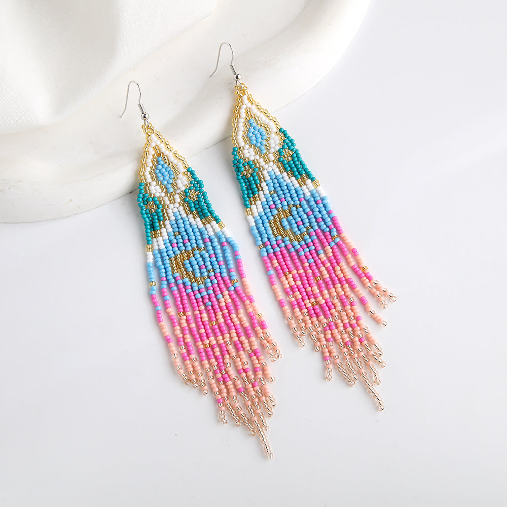 Wholesale Bohemian Handwoven Star Moon Series Rice Beads Tassel Earrings