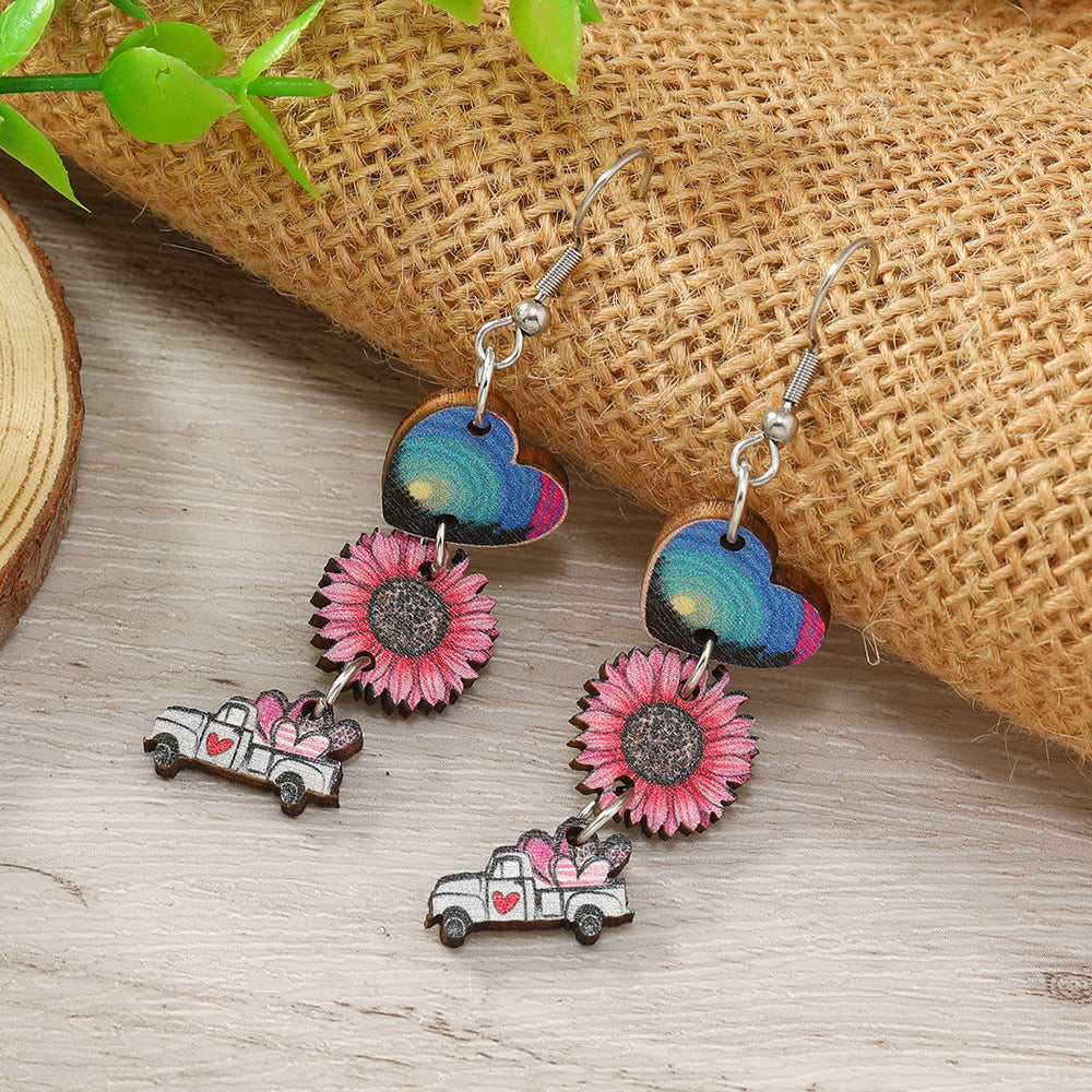 Wholesale Valentine's Day Truck Love Pendant Wooden Earrings