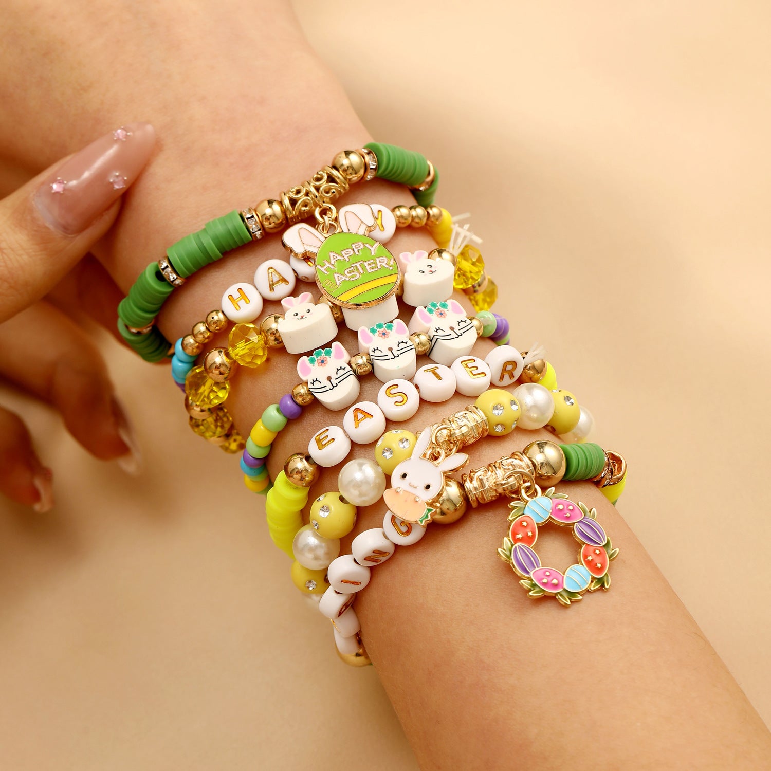 Wholesale Easter Rabbit Love Color Soft Ceramic Elastic Bracelet