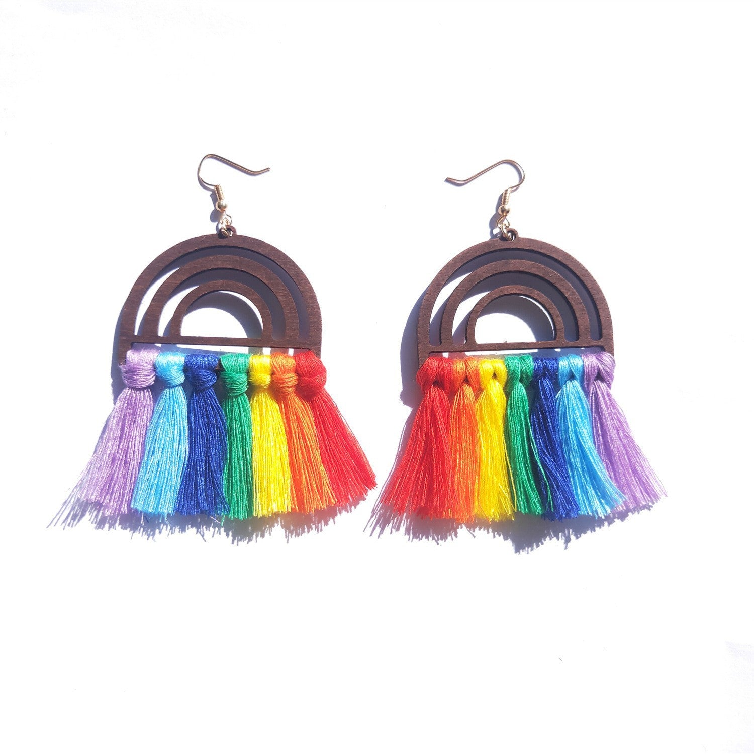 Wholesale Boho Wooden Rainbow Tassel Hand Braided Earrings