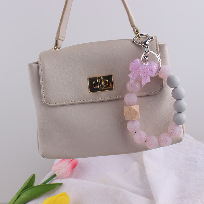 Wholesale Bow Silicone Key Bracelet Colorful Silicone Beads Wristlet Keychain Pendant