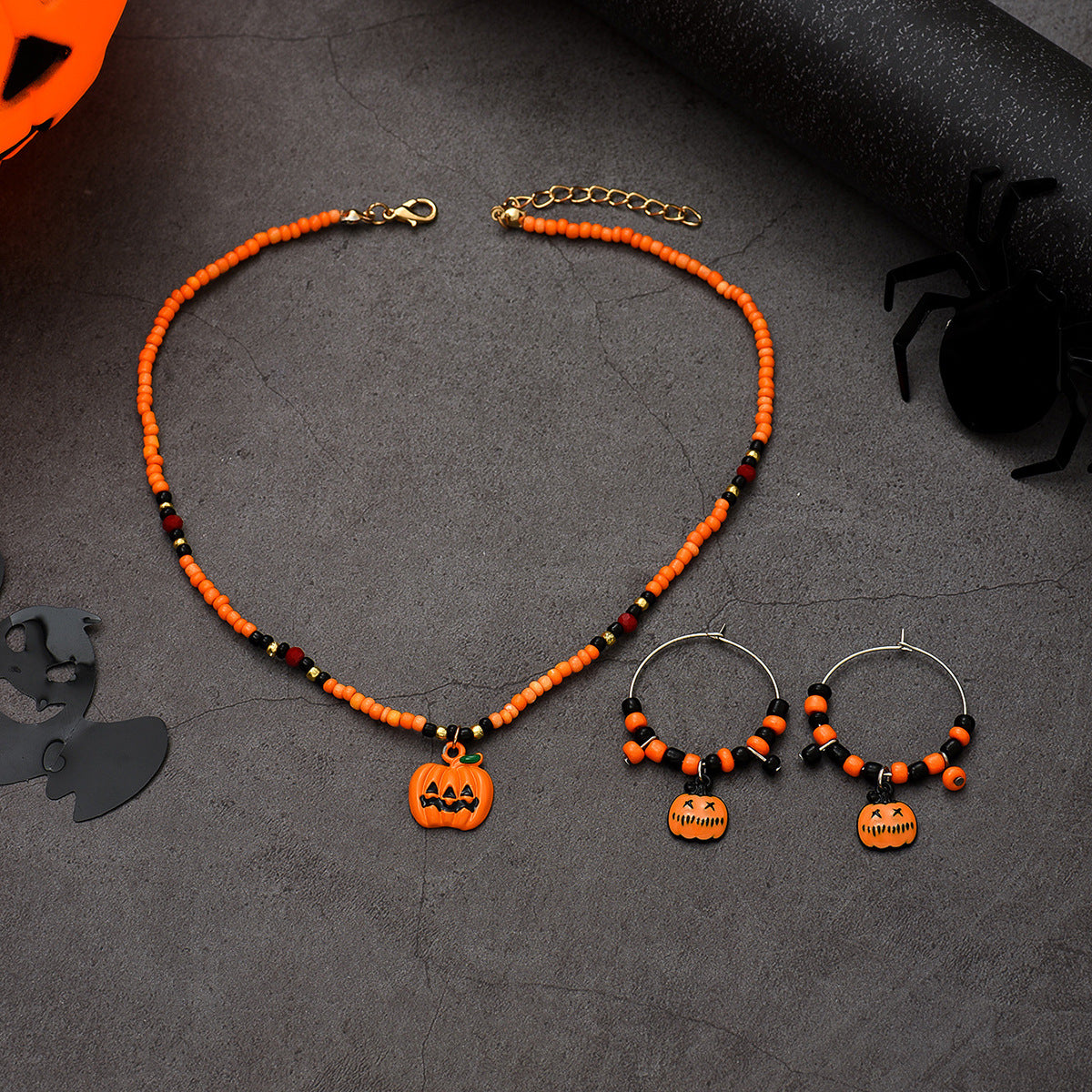 Wholesale Halloween Pumpkin Orange Rice Bead Earrings Necklace Set