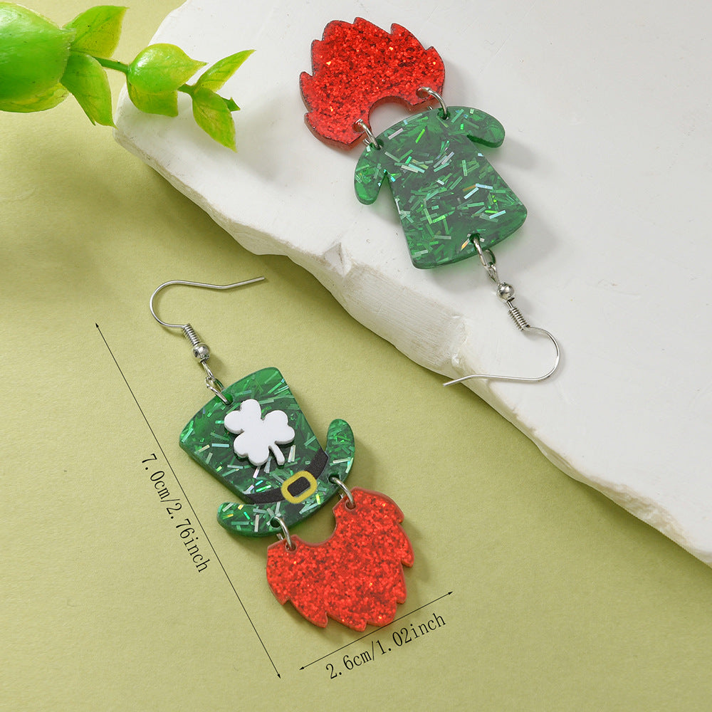 Wholesale St. Patrick's Day Green Hat Lucky Grass Clover Exaggerated Carnival Acrylic Double-Sided Earrings